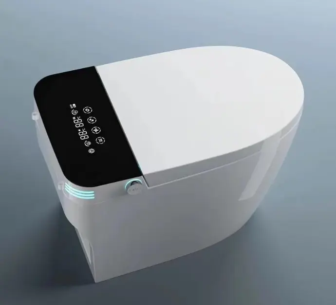 A sleek modern smart toilet with overall dimensions labeled: 680 mm length (front-to-back), 470 mm width, and 415 mm height. Two close-ups show openings: seat opening \~315 mm × 210 mm, and inner bowl opening \~340 mm × 285 mm. Clean white finish with minimalist lid and side control.