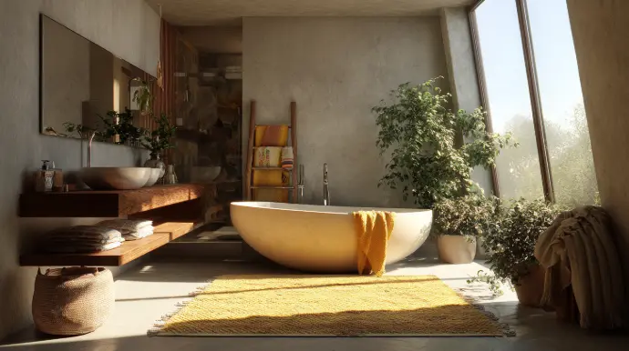 A serene, sunlit bathroom with a spa vibe. A matte stone, oval soaking tub sits center stage, draped with a mustard towel atop a matching textured rug. To the left, a floating wooden vanity with a vessel sink and a long frameless mirror adds warmth. A rustic ladder rack holds folded linens; beyond it, a stone-walled shower peeks through. Floor-to-ceiling windows flood the room with natural light, nurturing lush potted plants. Neutral plaster walls, wood, and soft textiles create a calm, modern retreat.