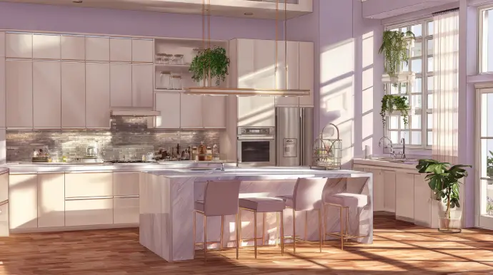 A bright, airy modern kitchen bathed in afternoon sun. Soft lavender walls, tall windows, and hanging greenery soften sleek, glossy white cabinets. A marble waterfall island with three blush barstools and brass legs anchors the room. Stainless appliances—wall oven, range hood, and fridge—sit against a silvery mosaic backsplash. A long, minimalist pendant floats above the island. Warm wood floors and potted plants add natural texture and warmth.