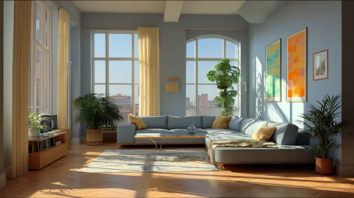 A sunlit, contemporary living room with floor-to-ceiling windows, pale blue walls, and sheer cream curtains. An L-shaped light-blue sectional with mustard pillows wraps around a sleek glass-top coffee table. Warm herringbone wood floors and a soft area rug ground the space. Lush potted plants flank the room, while colorful abstract art brightens the right wall. City views glow beyond the windows, casting long afternoon shadows.